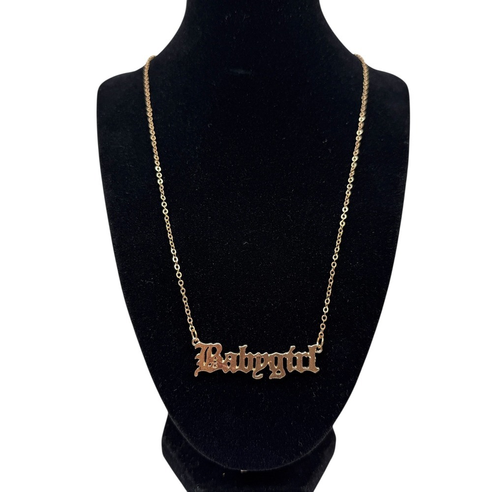 Babygirl Nameplate Pendant Necklace Gold Tone Gothic Script Jewelry 19 in L